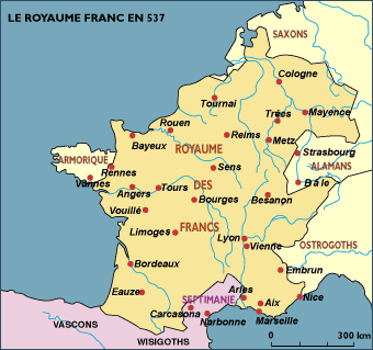 Le Royaume franc en 537. La Septimanie reste possession wisigothique.